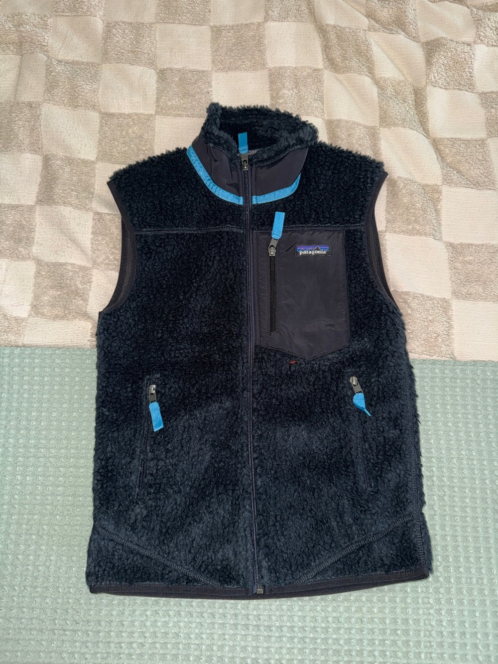 Patagonia Kids Black Fleece Vest with Blue Trim